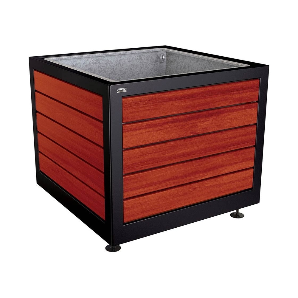 Bac à palmier Silaos acier et bois RAL9005 - Chêne lasuré acajou - 1000x1000x800 - Bac acier amovible anneaux inclus - PROCITY - 201733.9005.ACAJ