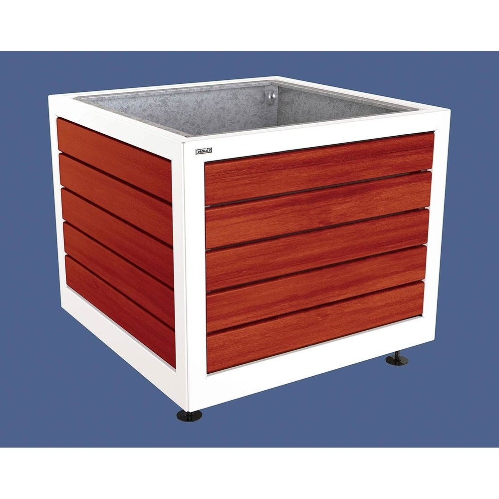 Bac à palmier Silaos acier et bois RAL9010 - Chêne lasuré acajou - 1000x1000x800 - Bac acier amovible anneaux inclus - PROCITY - 201733.9010.ACAJ