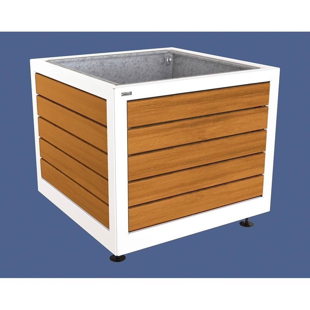 Bac à palmier Silaos acier et bois RAL9010 - Chêne lasuré chêne clair - 1000x1000x800 - Bac acier amovible anneaux inclus - PROCITY - 201733.9010.CHEC