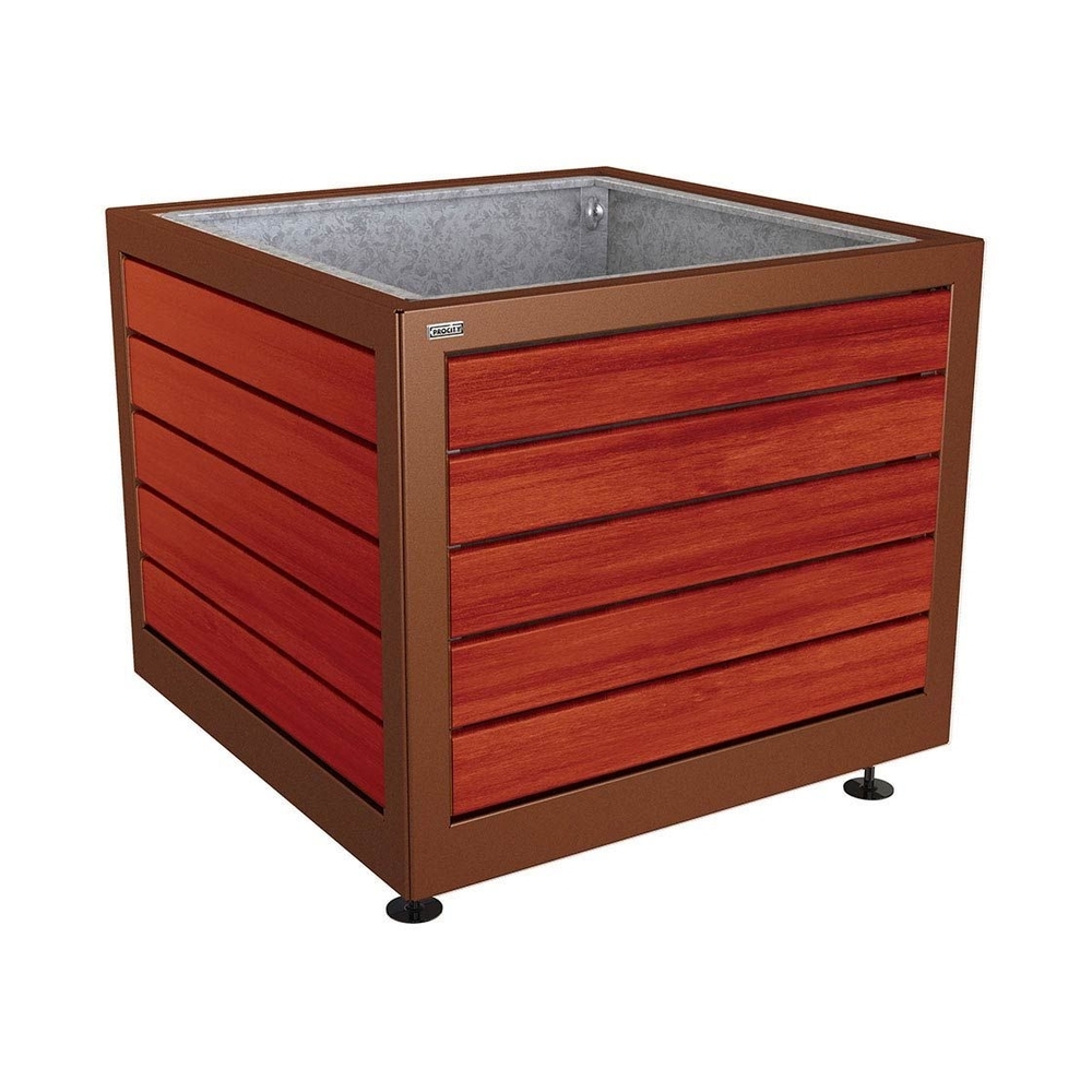 Bac à palmier Silaos acier et bois Aspect Corten - Chêne lasuré acajou - 1000x1000x800 - Bac acier amovible anneaux inclus - PROCITY - 201733.S025.ACAJ