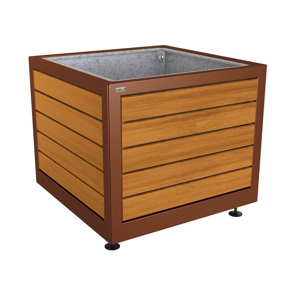 Bac à palmier Silaos acier et bois Aspect Corten - Chêne lasuré chêne clair - 1000x1000x800 - Bac acier amovible anneaux inclus - PROCITY - 201733.S025.CHEC