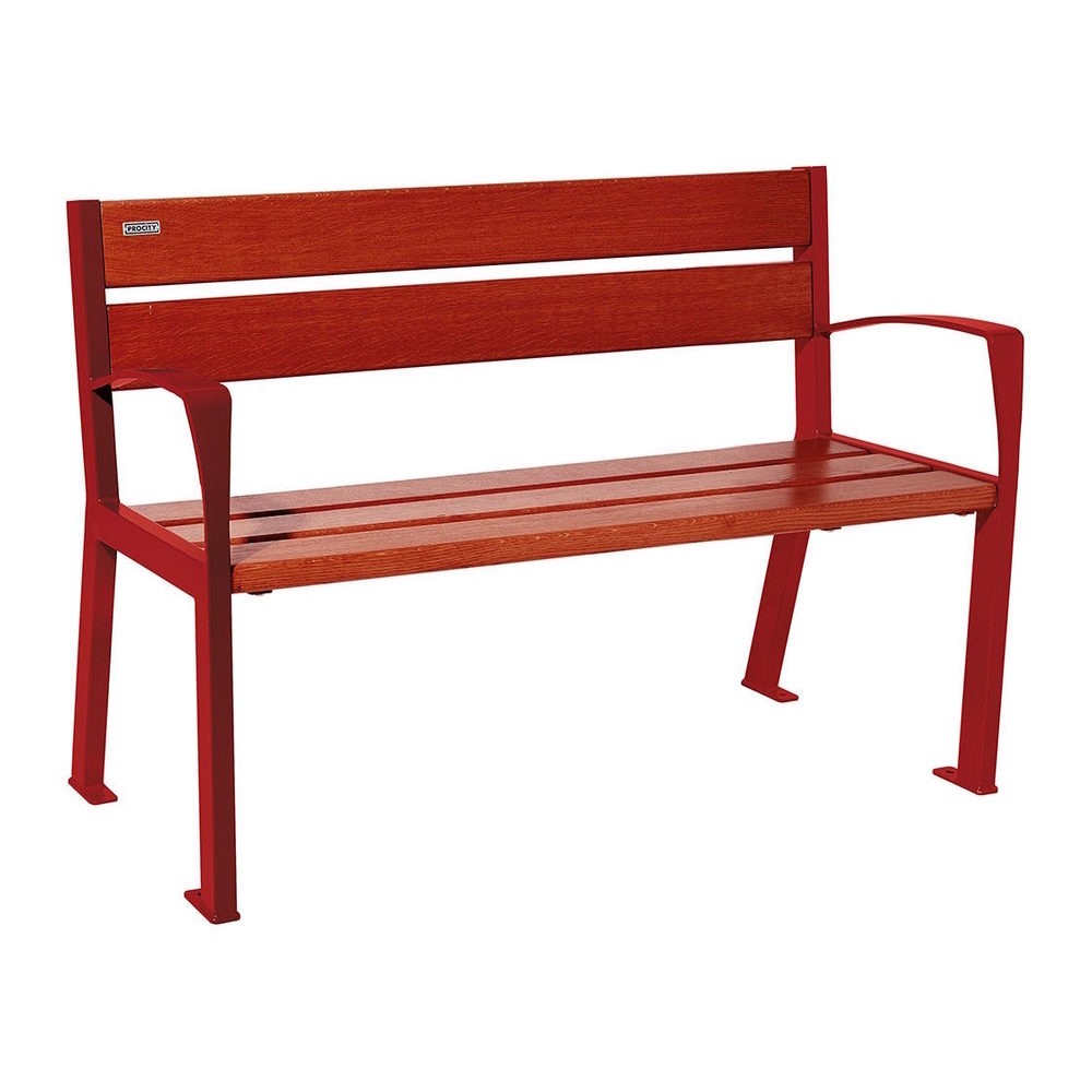 Banc bois et acier Silaos 5 lames RAL3004 - Chêne lasuré acajou - 1200mm - accoudoirs - PROCITY - 209511.3004.ACAJ