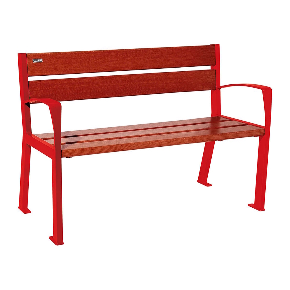 Banc bois et acier Silaos 5 lames RAL3020 - Chêne lasuré acajou - 1200mm - accoudoirs - PROCITY - 209511.3020.ACAJ