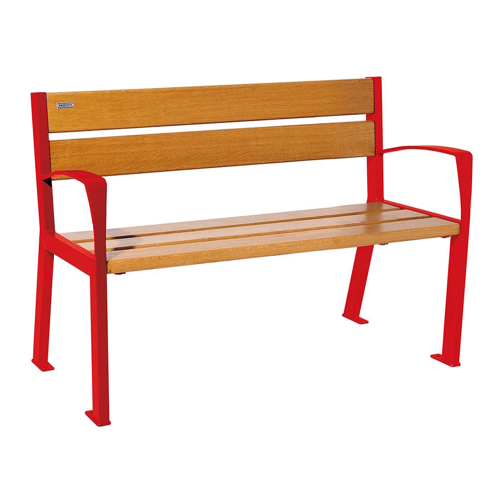 Banc bois et acier Silaos 5 lames RAL3020 - Chêne lasuré chêne clair - 1200mm - accoudoirs - PROCITY - 209511.3020.CHEC