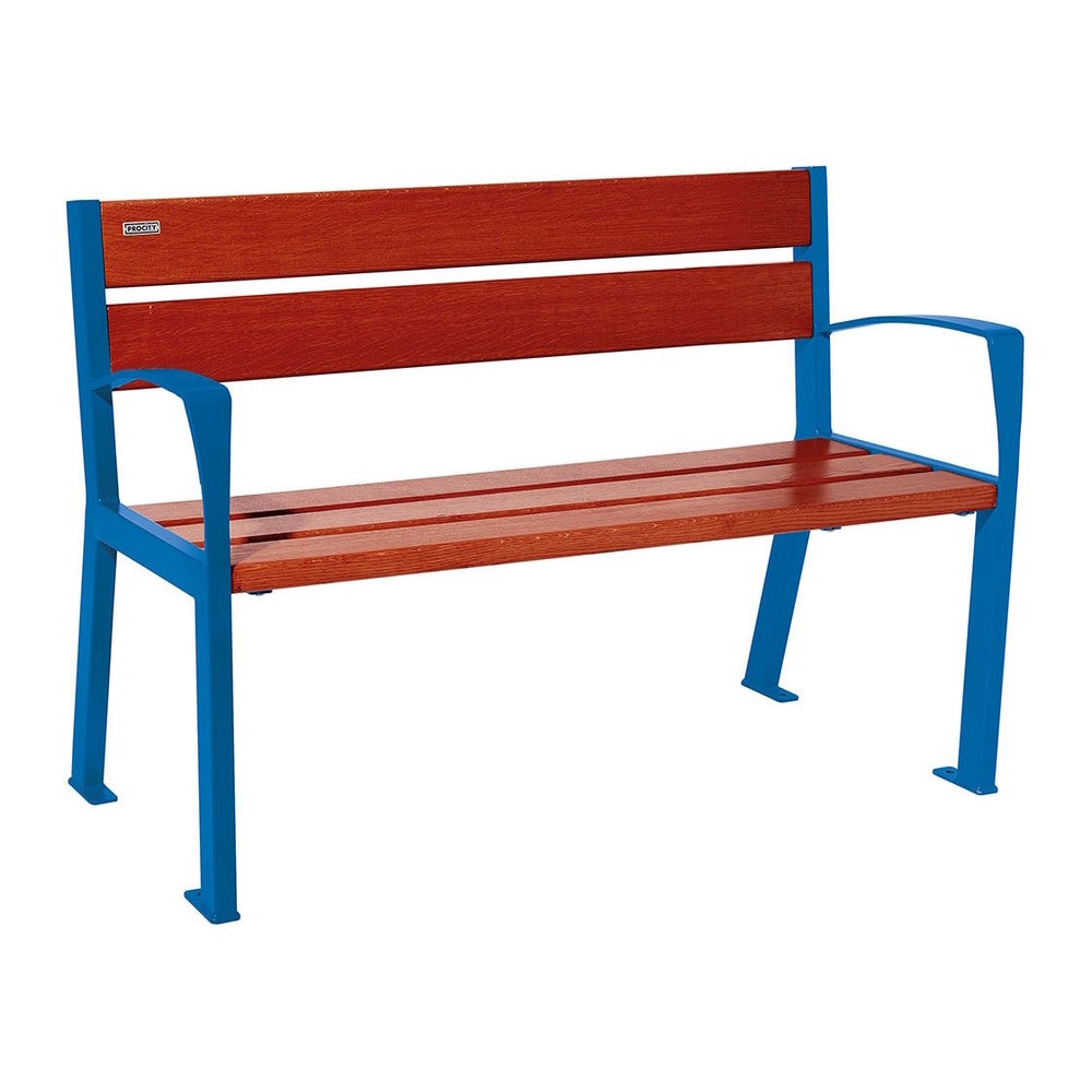Banc bois et acier Silaos 5 lames RAL5010 - Chêne lasuré acajou - 1200mm - accoudoirs - PROCITY - 209511.5010.ACAJ