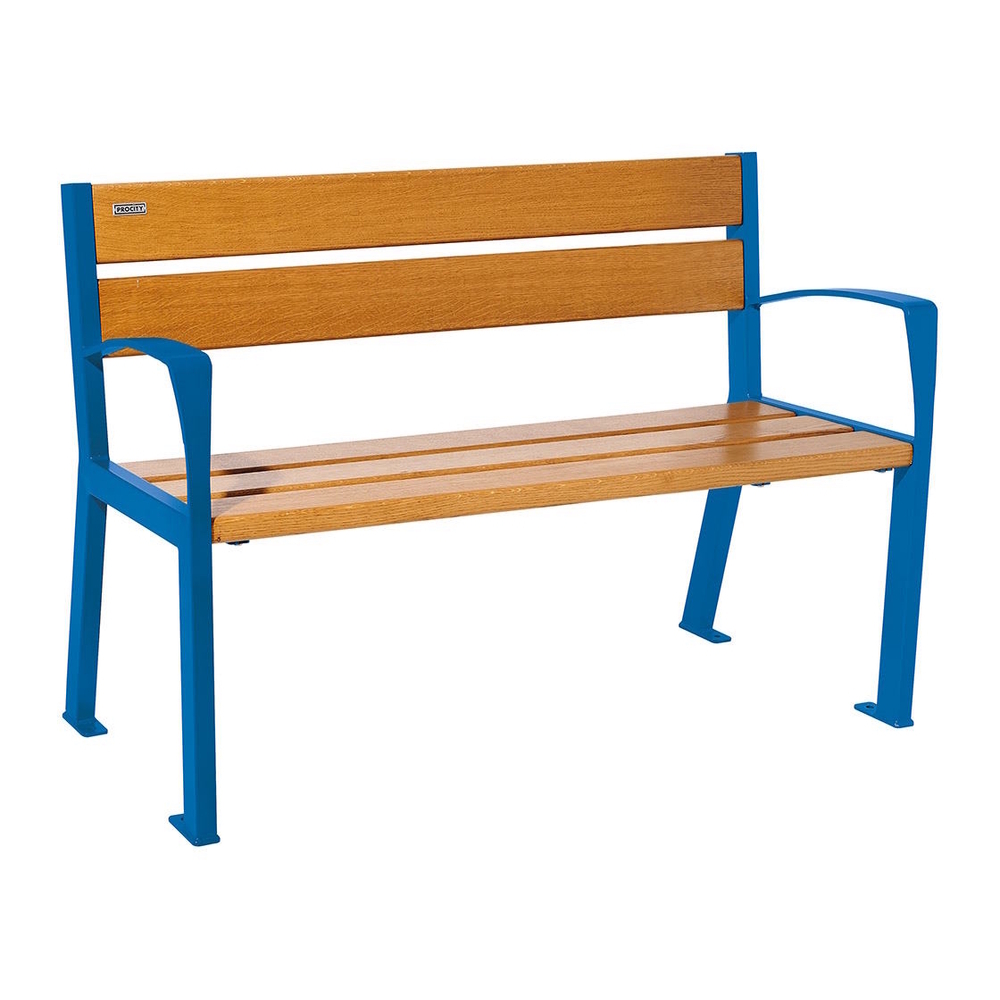 Banc bois et acier Silaos 5 lames RAL5010 - Chêne lasuré chêne clair - 1200mm - accoudoirs - PROCITY - 209511.5010.CHEC