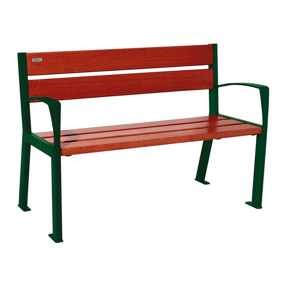 Banc bois et acier Silaos 5 lames RAL6005 - Chêne lasuré acajou - 1200mm - accoudoirs - PROCITY - 209511.6005.ACAJ