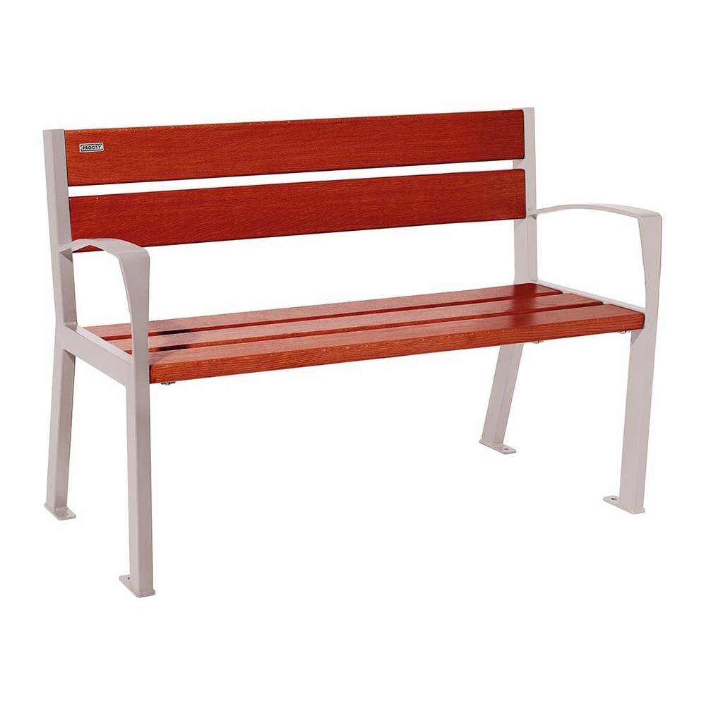 Banc bois et acier Silaos 5 lames RAL7044 - Chêne lasuré acajou - 1200mm - accoudoirs - PROCITY - 209511.7044.ACAJ