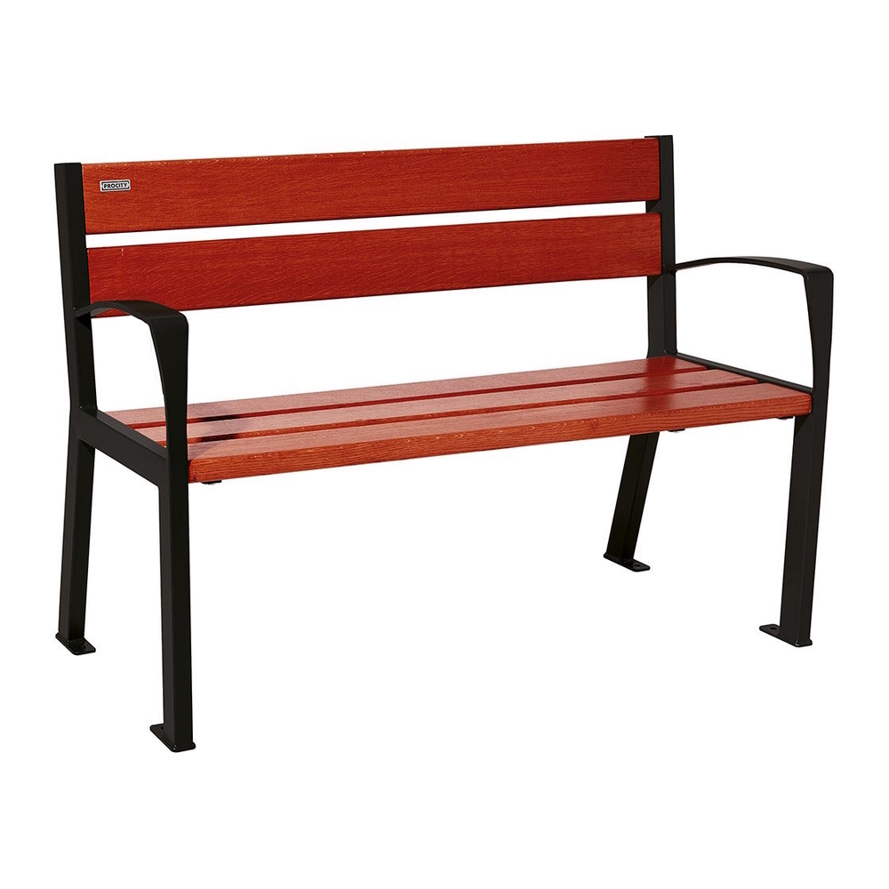Banc bois et acier Silaos 5 lames RAL9005 - Chêne lasuré acajou - 1200mm - accoudoirs - PROCITY - 209511.9005.ACAJ