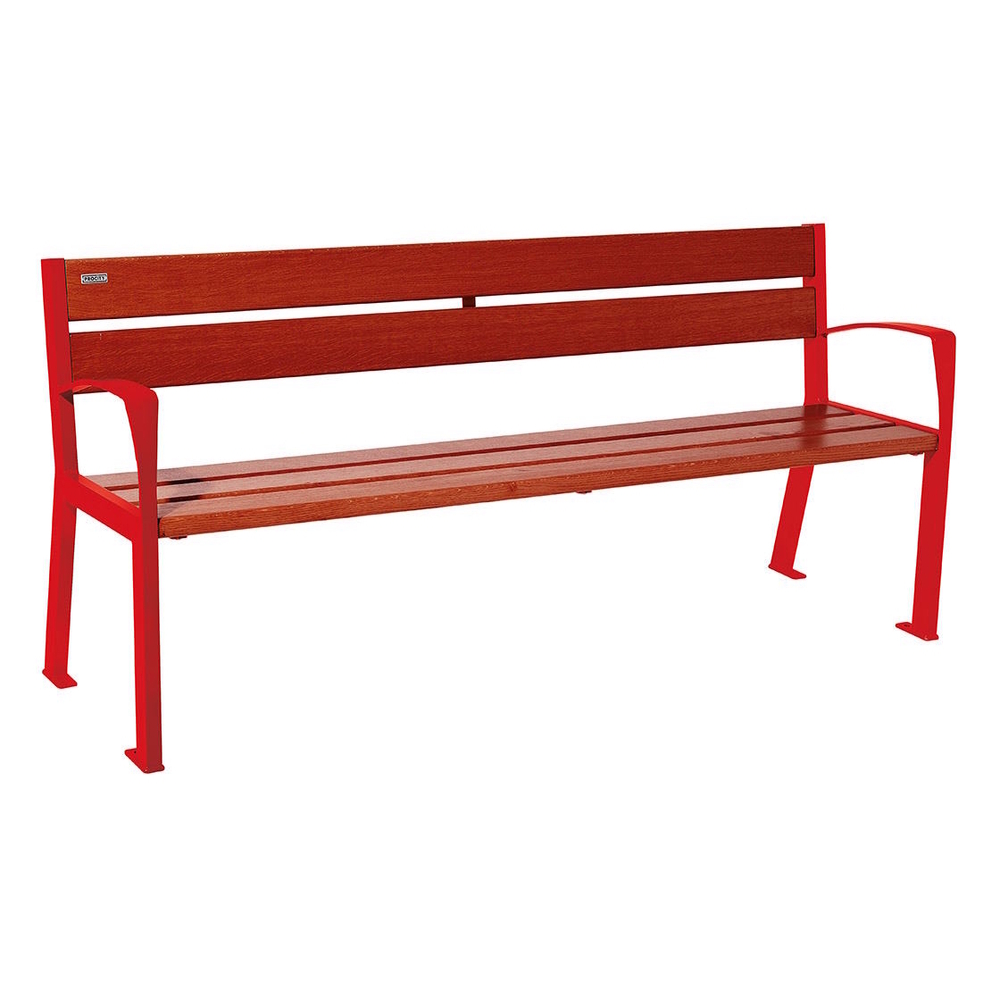 Banc bois et acier Silaos 5 lames RAL3020 - Chêne lasuré acajou - 1800mm - accoudoirs - PROCITY - 209512.3020.ACAJ