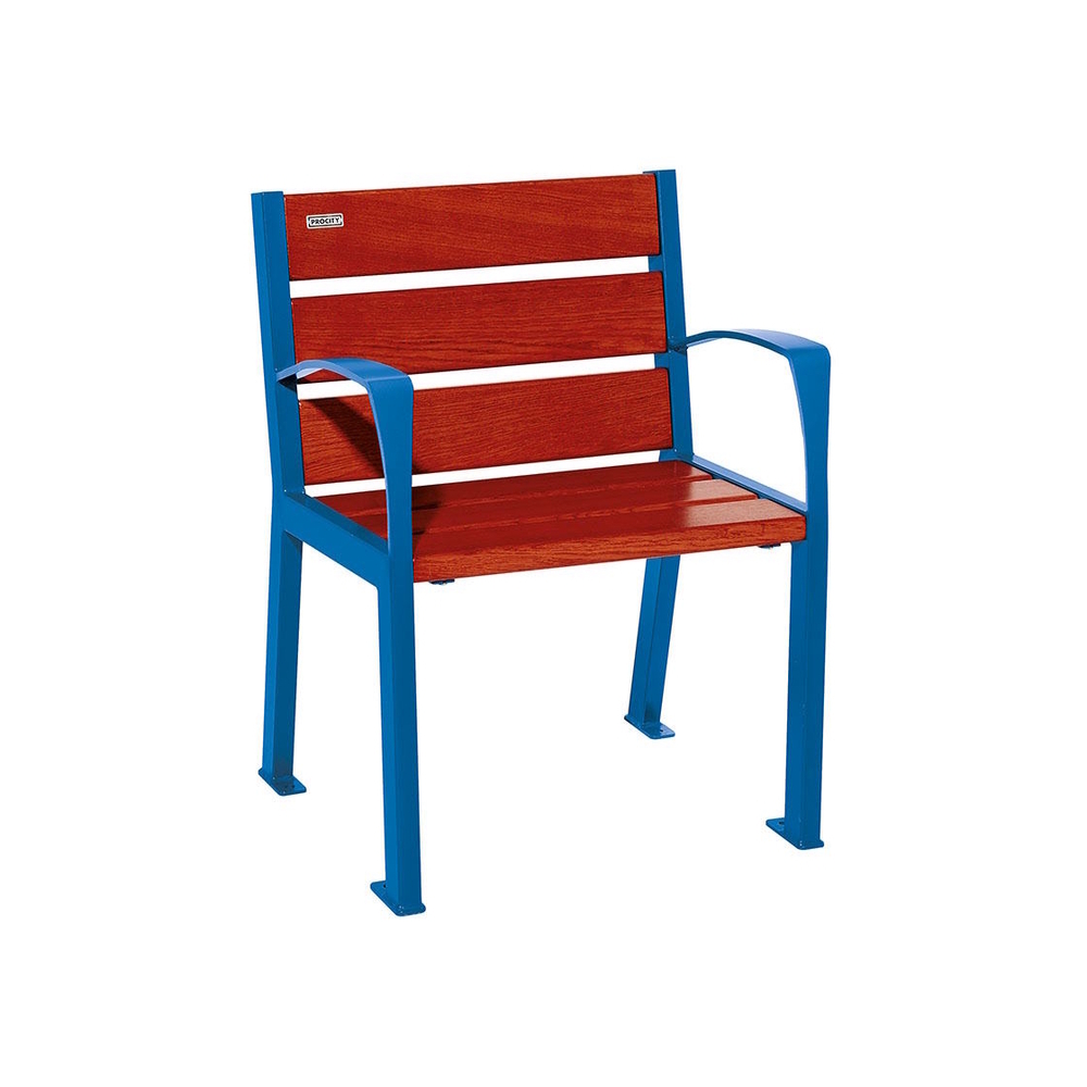 Fauteuil bois et acier Silaos 6 lames RAL5010 - Chêne lasuré acajou - accoudoirs - PROCITY - 209610.5010.ACAJ