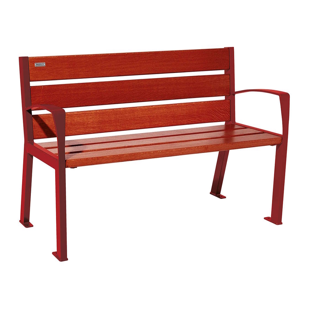 Banc bois et acier Silaos 6 lames RAL3004 - Chêne lasuré acajou - 1200 - accoudoirs - PROCITY - 209611.3004.ACAJ