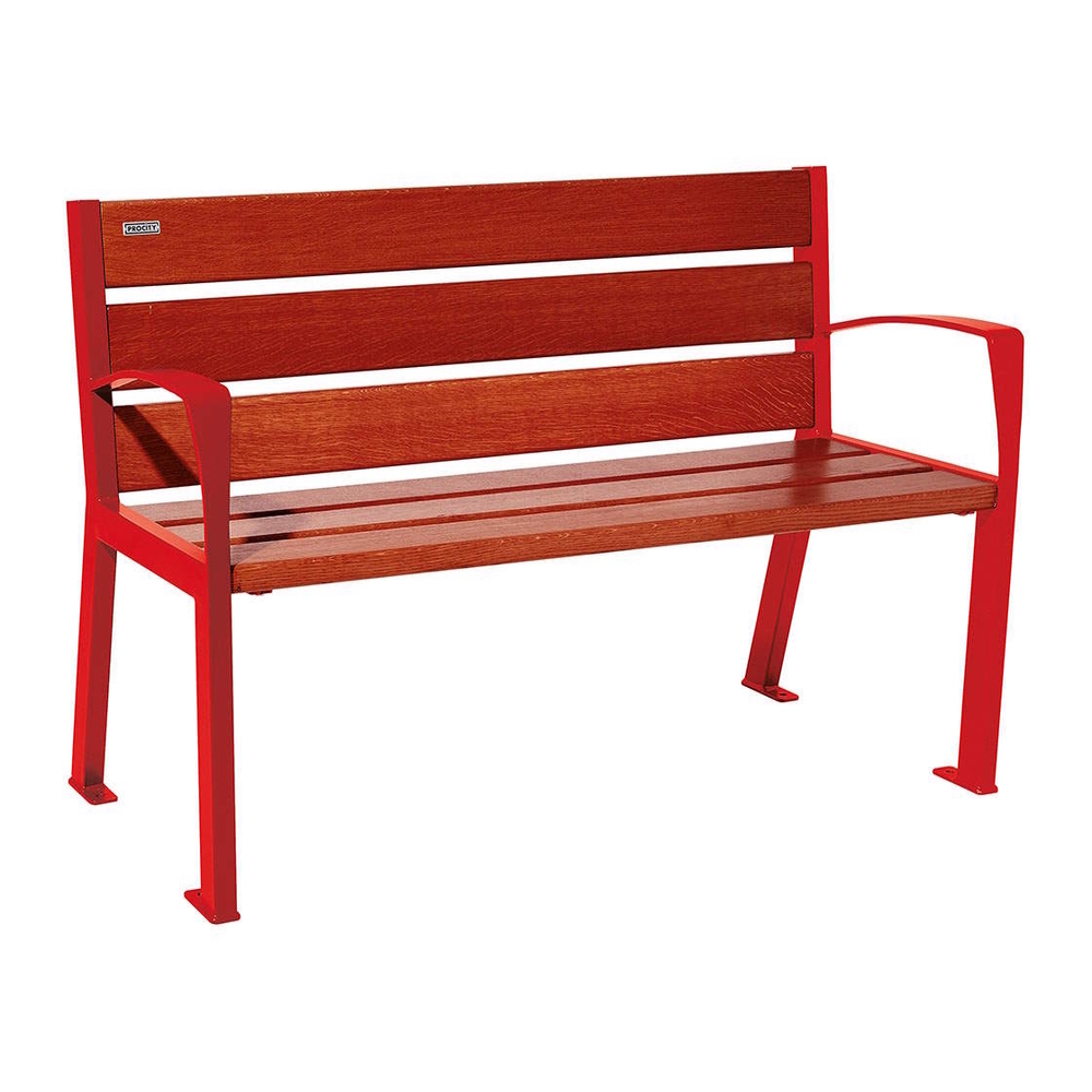 Banc bois et acier Silaos 6 lames RAL3020 - Chêne lasuré acajou - 1200 - accoudoirs - PROCITY - 209611.3020.ACAJ