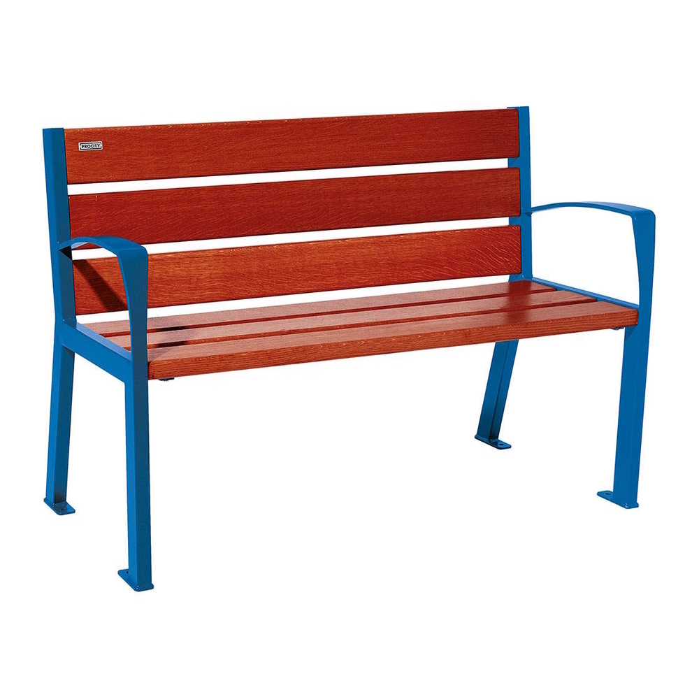 Banc bois et acier Silaos 6 lames RAL5010 - Chêne lasuré acajou - 1200 - accoudoirs - PROCITY - 209611.5010.ACAJ