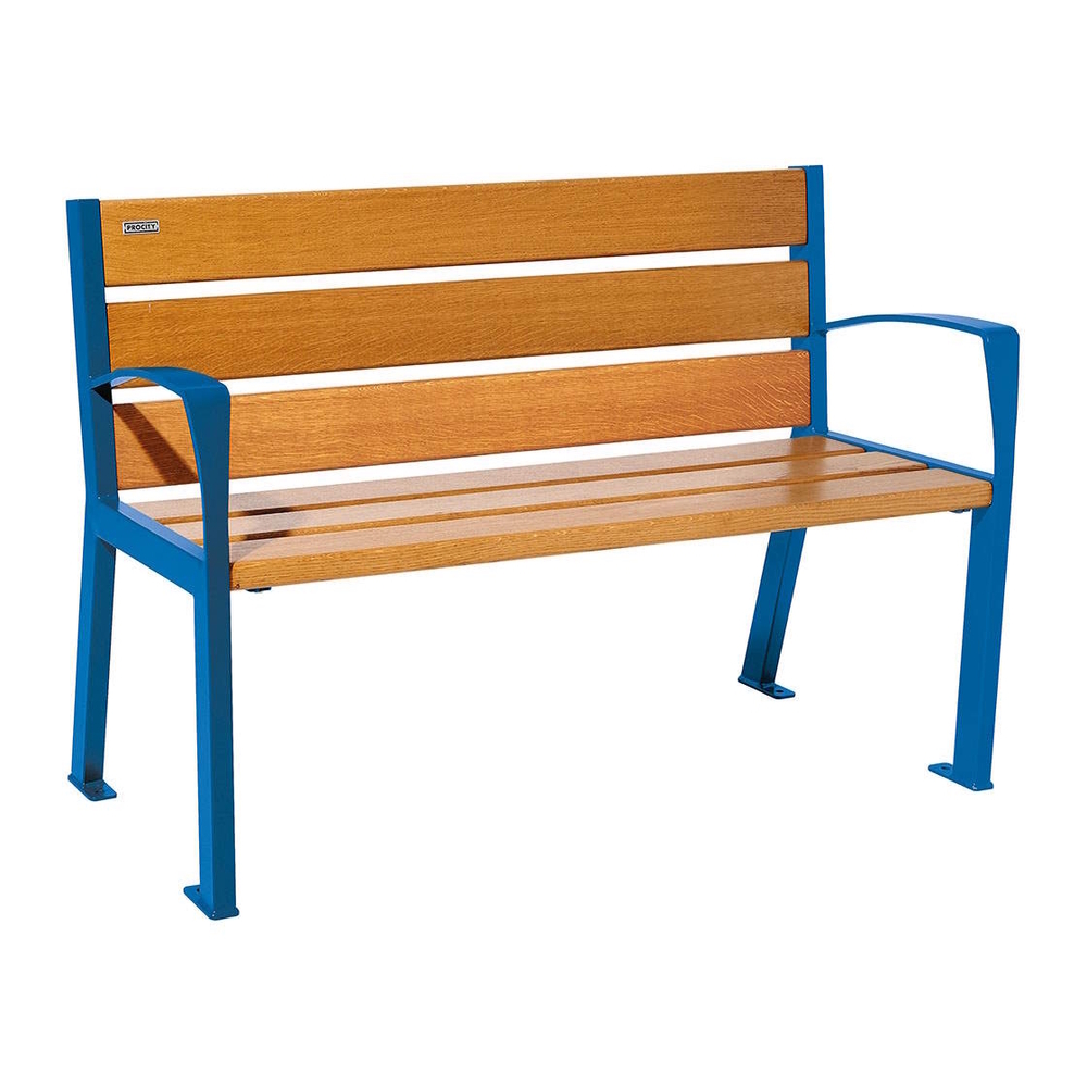 Banc bois et acier Silaos 6 lames RAL5010 - Chêne lasuré chêne clair - 1200 - accoudoirs - PROCITY - 209611.5010.CHEC