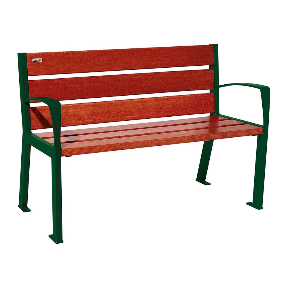 Banc bois et acier Silaos 6 lames RAL6005 - Chêne lasuré acajou - 1200 - accoudoirs - PROCITY - 209611.6005.ACAJ