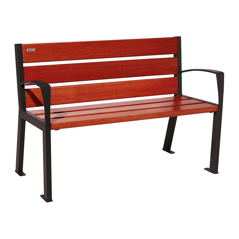 Banc bois et acier Silaos 6 lames RAL9005 - Chêne lasuré acajou - 1200 - accoudoirs - PROCITY - 209611.9005.ACAJ