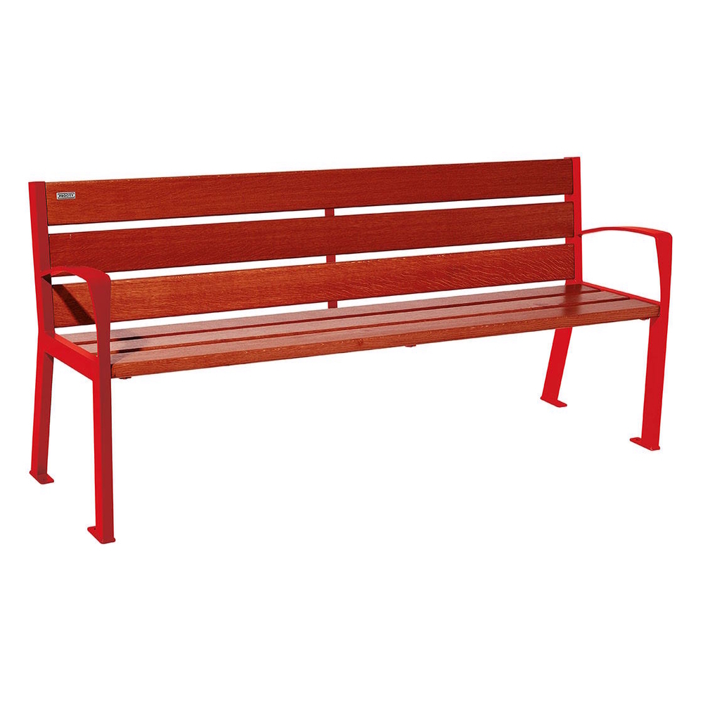 Banc bois et acier Silaos 6 lames RAL3020 - Chêne lasuré acajou - 1800 - accoudoirs - PROCITY - 209612.3020.ACAJ