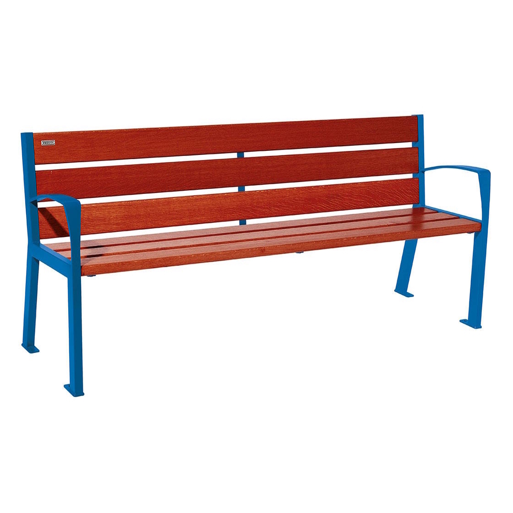 Banc bois et acier Silaos 6 lames RAL5010 - Chêne lasuré acajou - 1800 - accoudoirs - PROCITY - 209612.5010.ACAJ