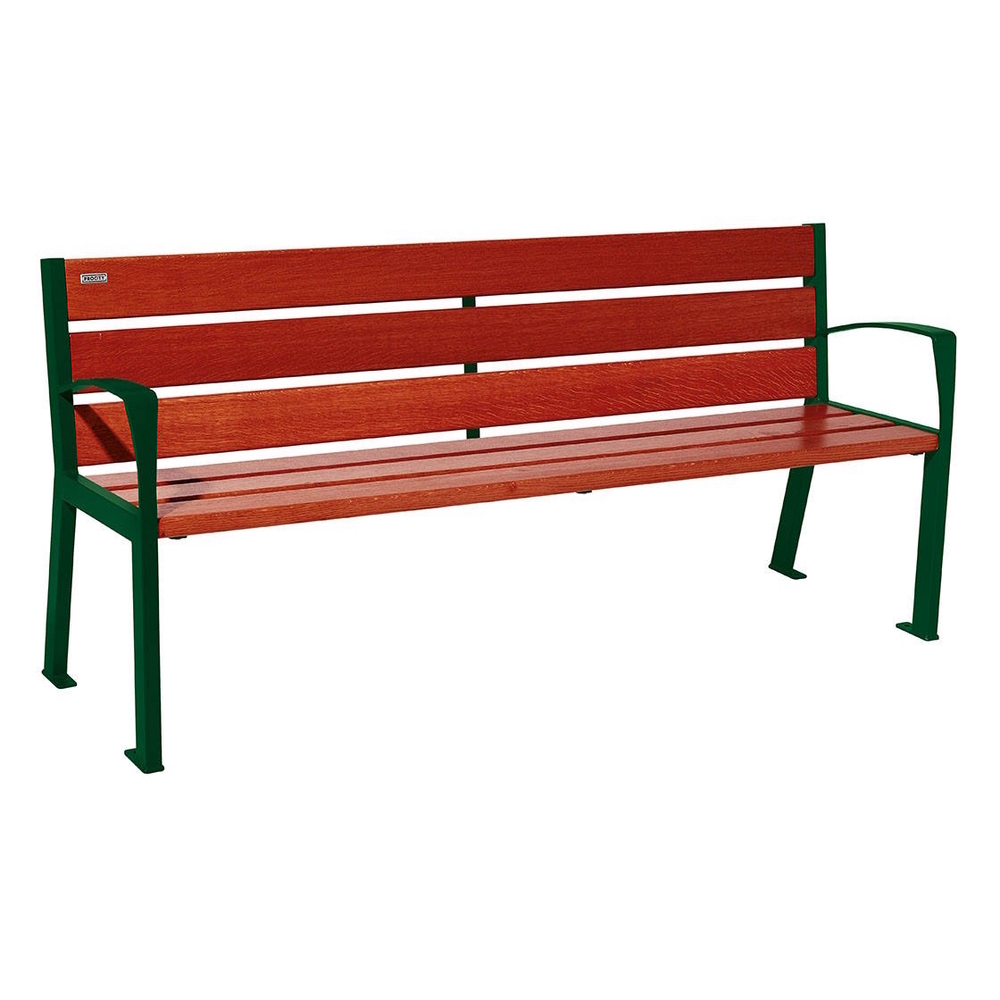 Banc bois et acier Silaos 6 lames RAL6005 - Chêne lasuré acajou - 1800 - accoudoirs - PROCITY - 209612.6005.ACAJ
