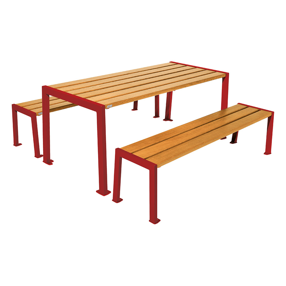 Table de pique-nique Silaos acier et bois RAL3004 - Chêne lasuré chêne clair - Table + 2 banquettes - PROCITY - 209650.3004.CHEC