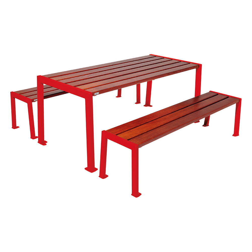 Table de pique-nique Silaos acier et bois RAL3020 - Chêne lasuré acajou - Table + 2 banquettes - PROCITY - 209650.3020.ACAJ
