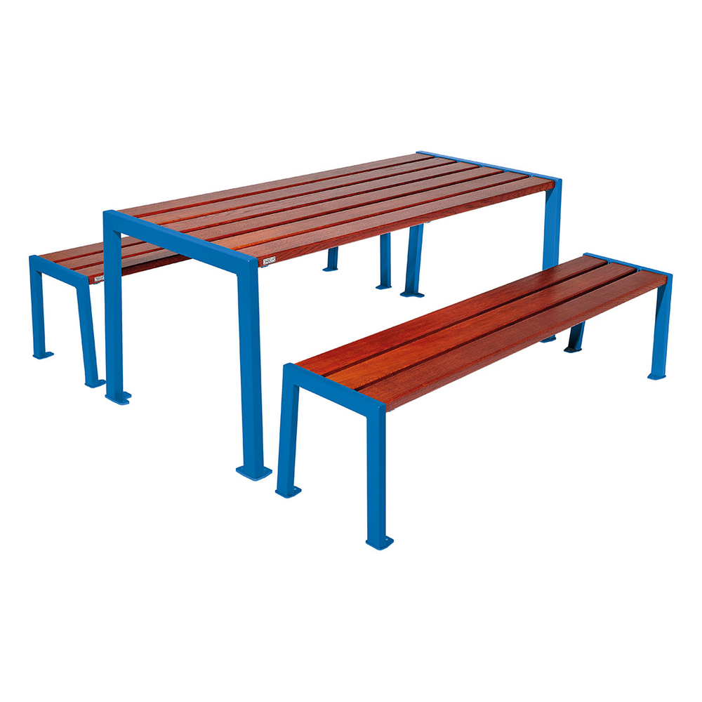 Table de pique-nique Silaos acier et bois RAL5010 - Chêne lasuré acajou - Table + 2 banquettes - PROCITY - 209650.5010.ACAJ
