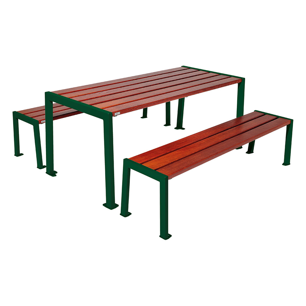 Table de pique-nique Silaos acier et bois RAL6005 - Chêne lasuré acajou - Table + 2 banquettes - PROCITY - 209650.6005.ACAJ