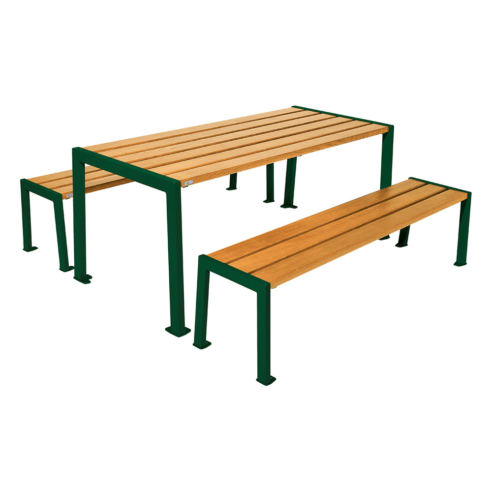Table de pique-nique Silaos acier et bois RAL6005 - Chêne lasuré chêne clair - Table + 2 banquettes - PROCITY - 209650.6005.CHEC