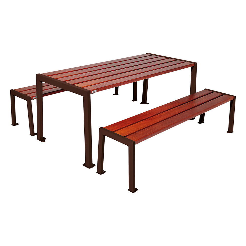 Table de pique-nique Silaos acier et bois RAL8017 - Chêne lasuré acajou - Table + 2 banquettes - PROCITY - 209650.8017.ACAJ