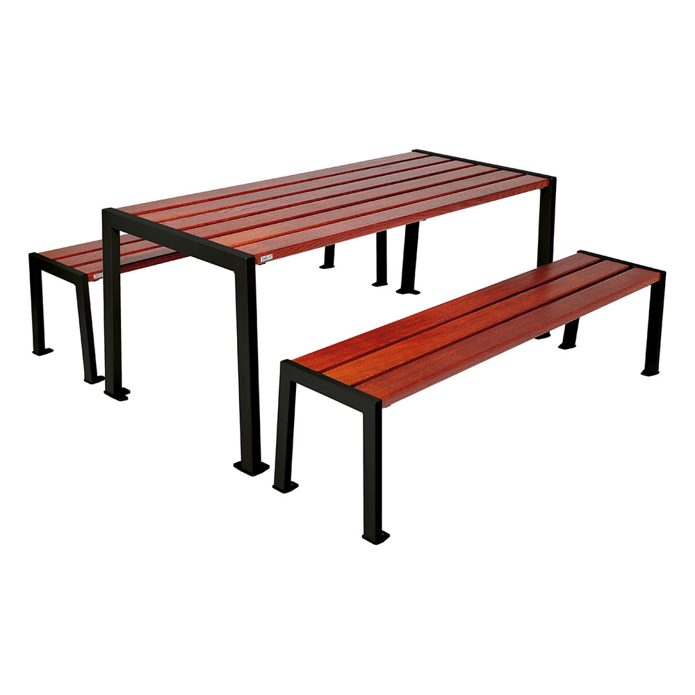 Table de pique-nique Silaos acier et bois RAL9005 - Chêne lasuré acajou - Table + 2 banquettes - PROCITY - 209650.9005.ACAJ