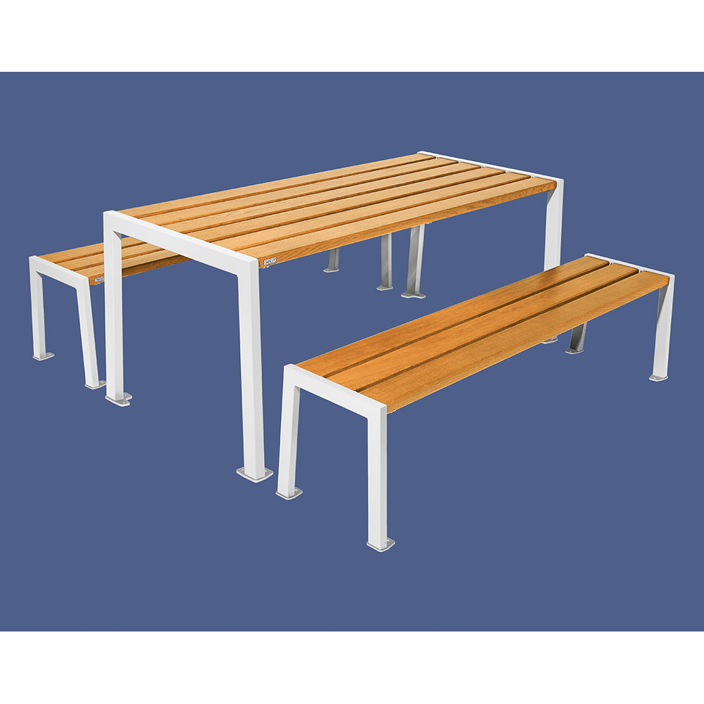 Table de pique-nique Silaos acier et bois RAL9010 - Chêne lasuré chêne clair - Table + 2 banquettes - PROCITY - 209650.9010.CHEC