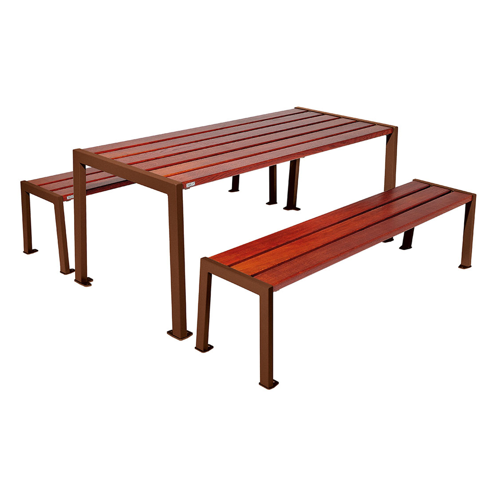 Table de pique-nique Silaos acier et bois Aspect Corten - Chêne lasuré acajou - Table + 2 banquettes - PROCITY - 209650.S025.ACAJ
