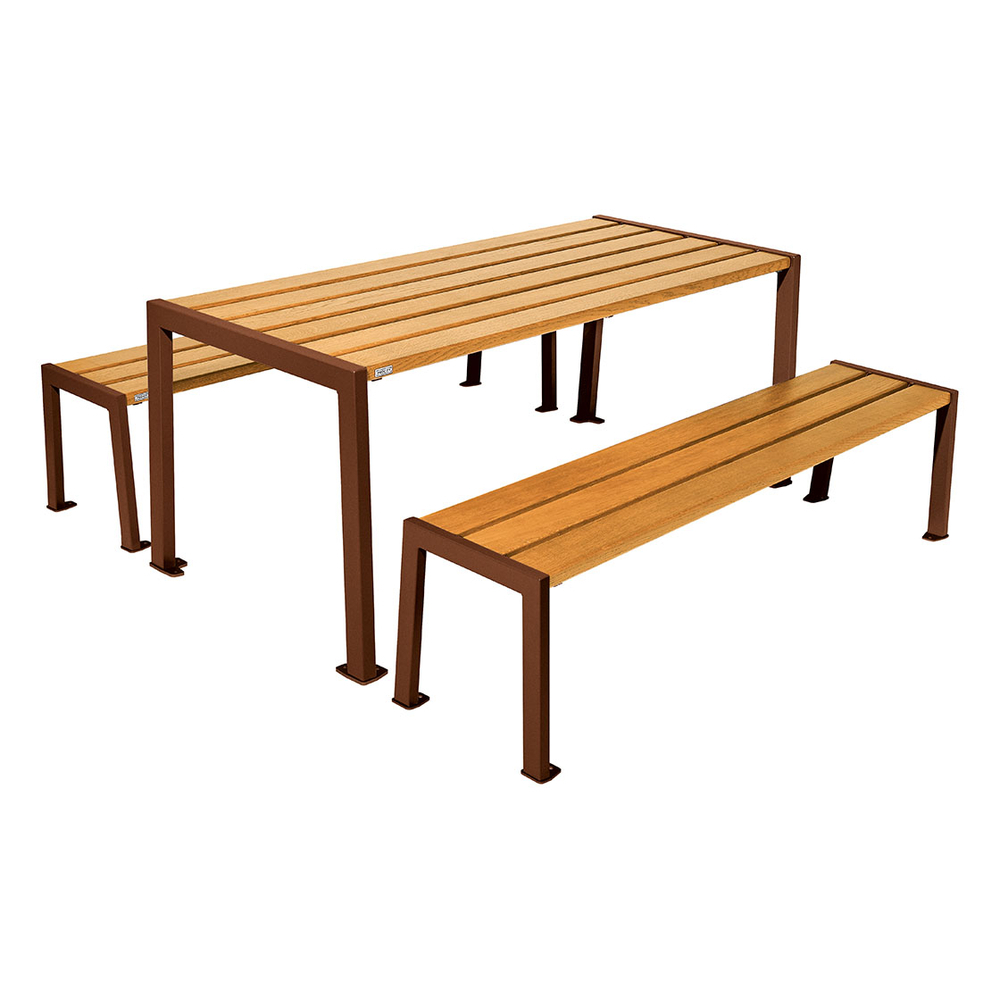 Table de pique-nique Silaos acier et bois Aspect Corten - Chêne lasuré chêne clair - Table + 2 banquettes - PROCITY - 209650.S025.CHEC