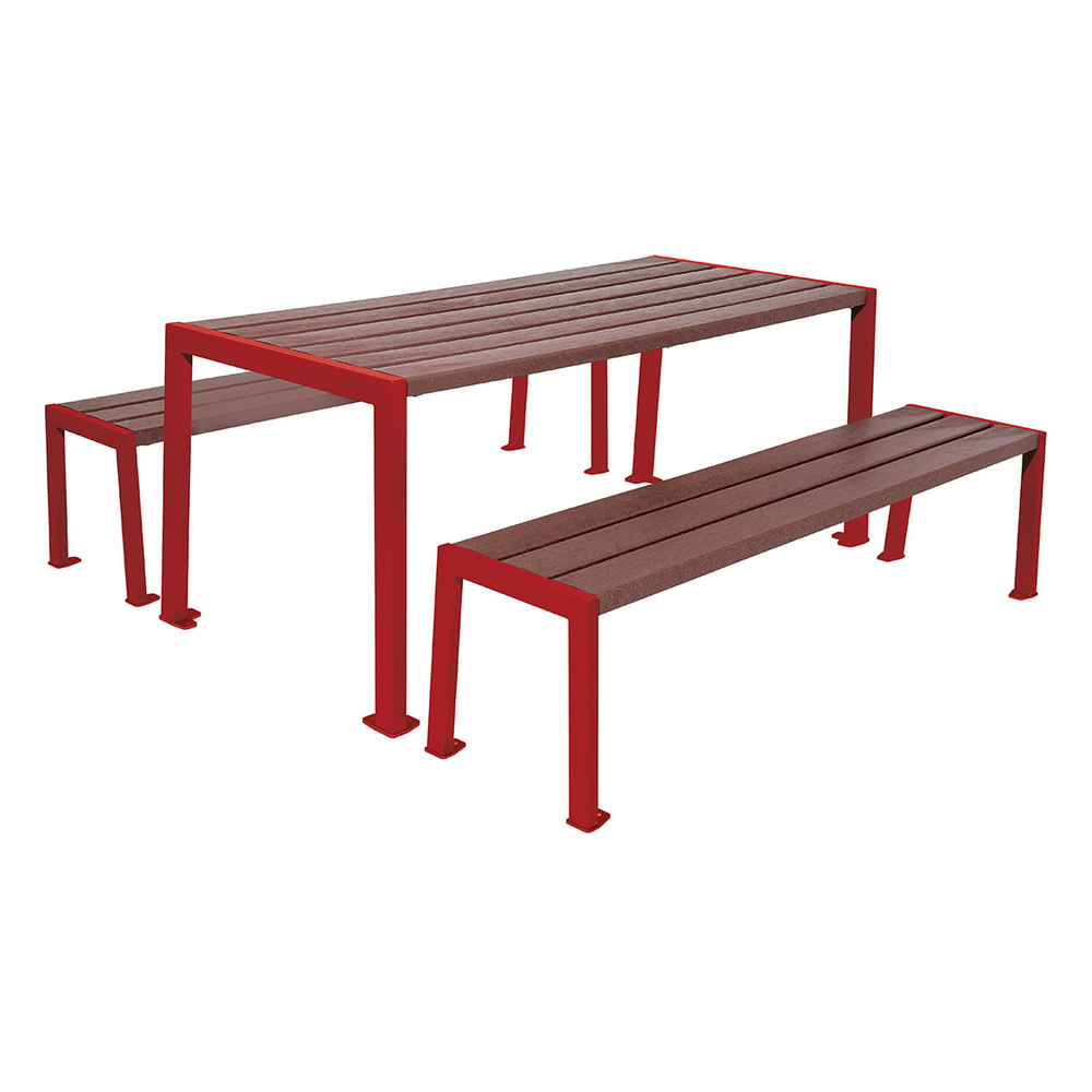 Table de pique-nique Silaos acier et plastique recyclé RAL3004 - Table + 2 banquettes - PROCITY - 209654.3004