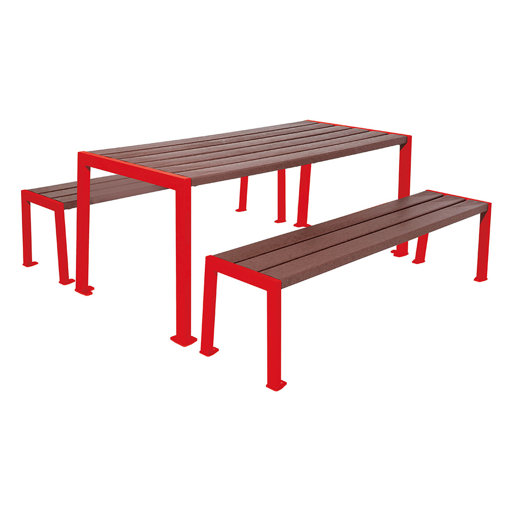 Table de pique-nique Silaos acier et plastique recyclé RAL3020 - Table + 2 banquettes - PROCITY - 209654.3020