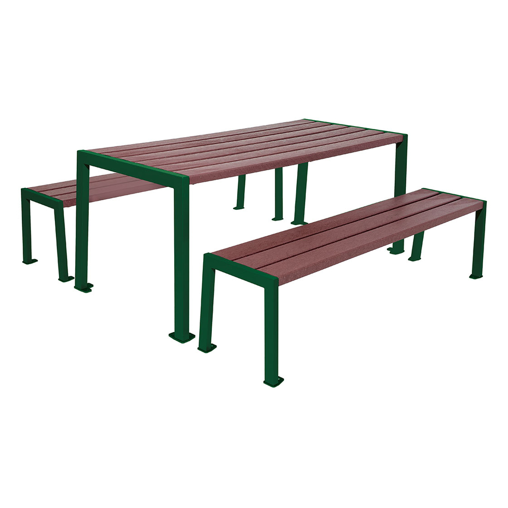 Table de pique-nique Silaos acier et plastique recyclé RAL6005 - Table + 2 banquettes - PROCITY - 209654.6005