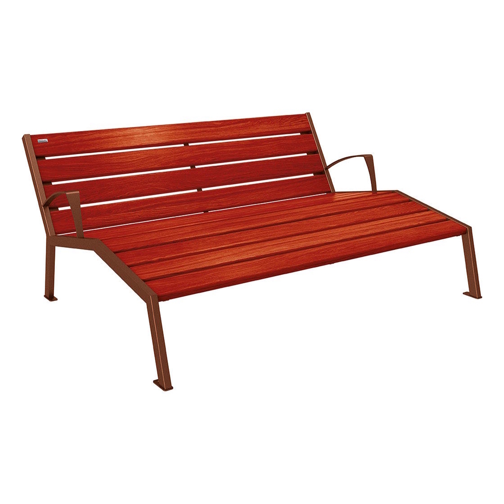 Chaise longue bois et acier Silaos Aspect Corten - Chêne lasuré acajou - accoudoirs - 1800mm - 3 places - PROCITY - 209661.S025.ACAJ
