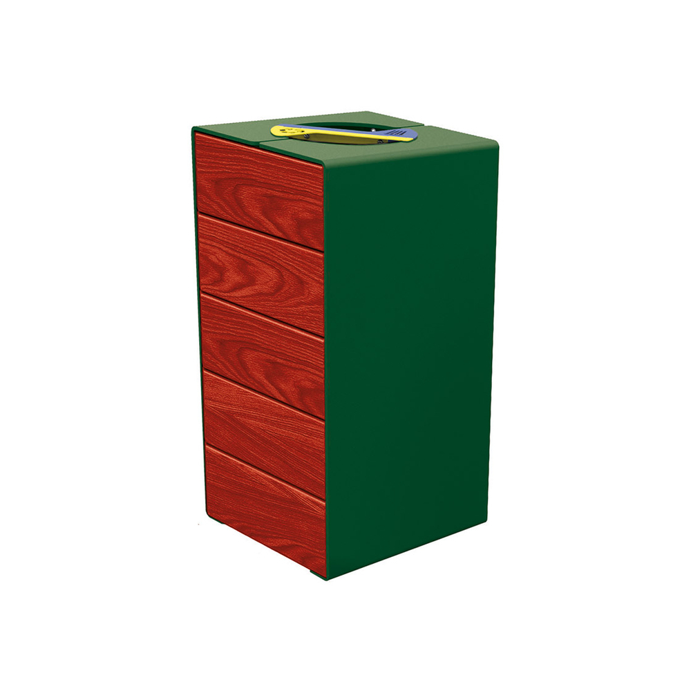 Corbeille KUB tri sélectif acier et bois RAL6005 - lasuré acajou - PROCITY - 306181.6005.ACAJ