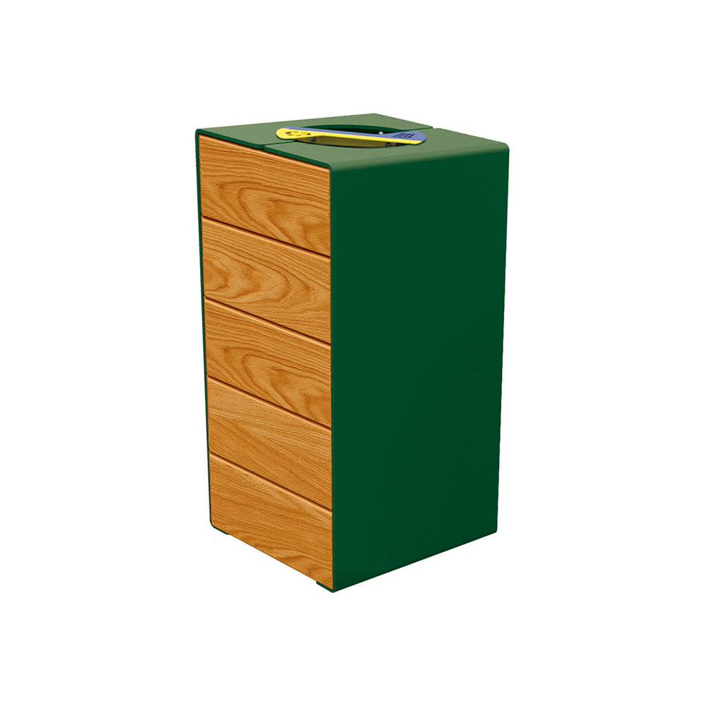 Corbeille KUB tri sélectif acier et bois RAL6005 - lasuré chêne clair - PROCITY - 306181.6005.CHEC