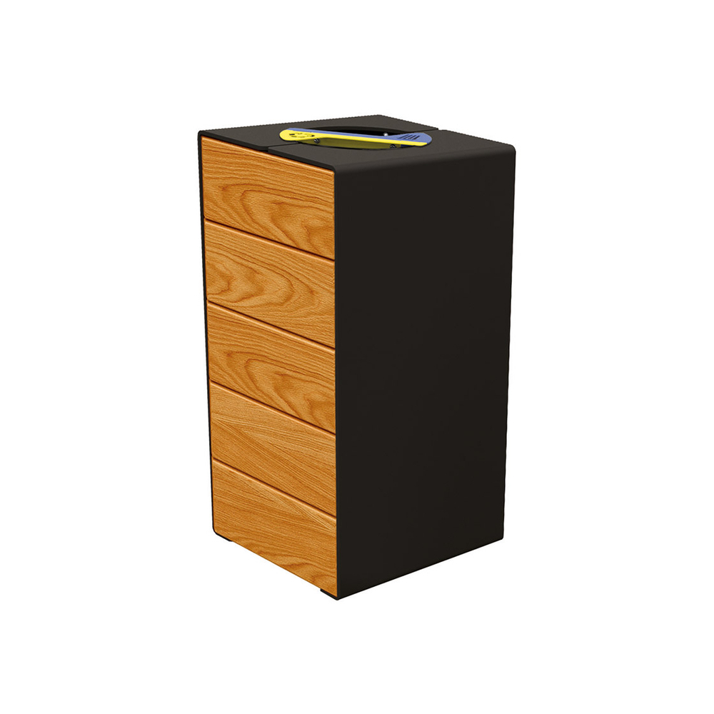 Corbeille KUB tri sélectif acier et bois RAL9005 - lasuré chêne clair - PROCITY - 306181.9005.CHEC