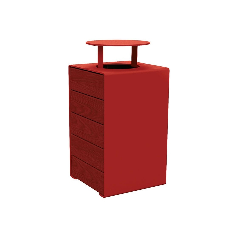 Corbeille KUB acier et bois RAL3004 - lasuré acajou - Version couvercle - PROCITY - 306488.3004.ACAJ