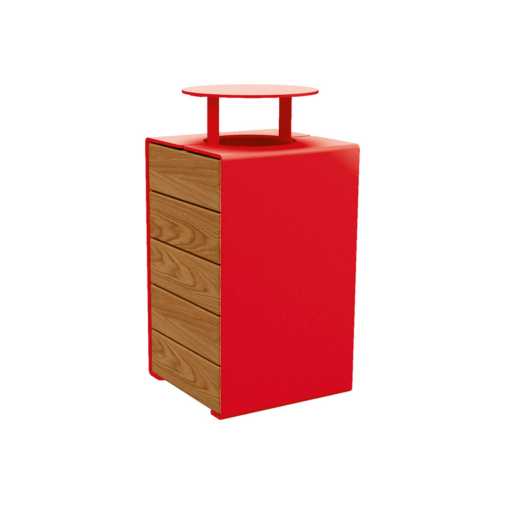 Corbeille KUB acier et bois RAL3020 - lasuré chêne clair - Version couvercle - PROCITY - 306488.3020.CHEC
