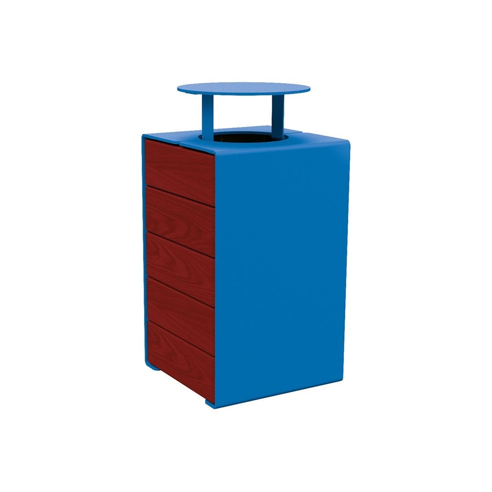 Corbeille KUB acier et bois RAL5010 - lasuré acajou - Version couvercle - PROCITY - 306488.5010.ACAJ