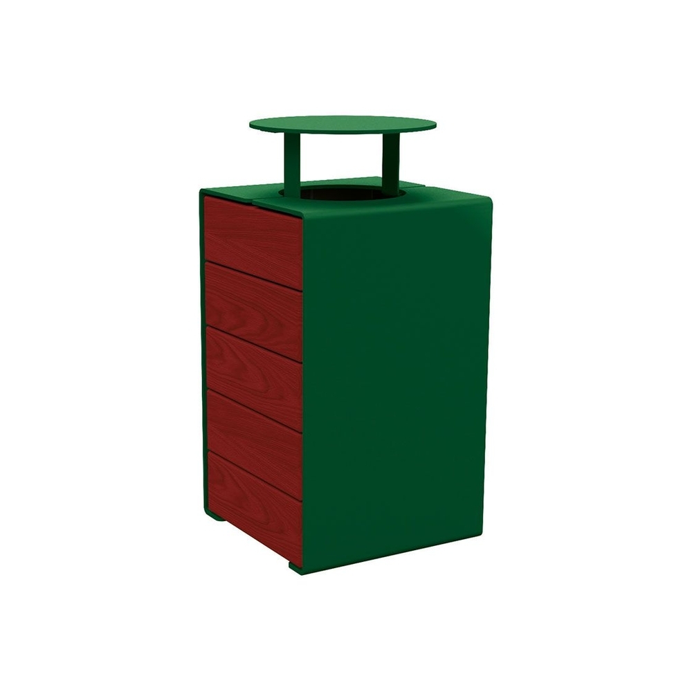 Corbeille KUB acier et bois RAL6005 - lasuré acajou - Version couvercle - PROCITY - 306488.6005.ACAJ