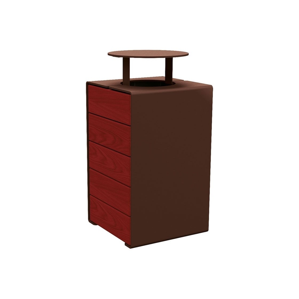Corbeille KUB acier et bois RAL8017 - lasuré acajou - Version couvercle - PROCITY - 306488.8017.ACAJ