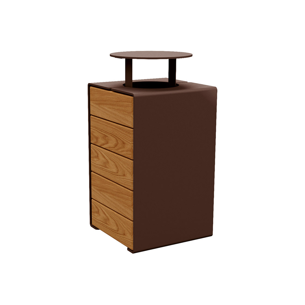 Corbeille KUB acier et bois RAL8017 - lasuré chêne clair - Version couvercle - PROCITY - 306488.8017.CHEC