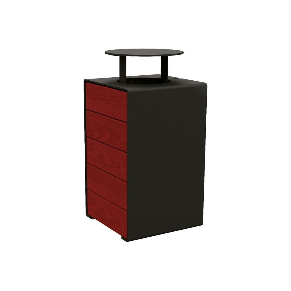 Corbeille KUB acier et bois RAL9005 - lasuré acajou - Version couvercle - PROCITY - 306488.9005.ACAJ