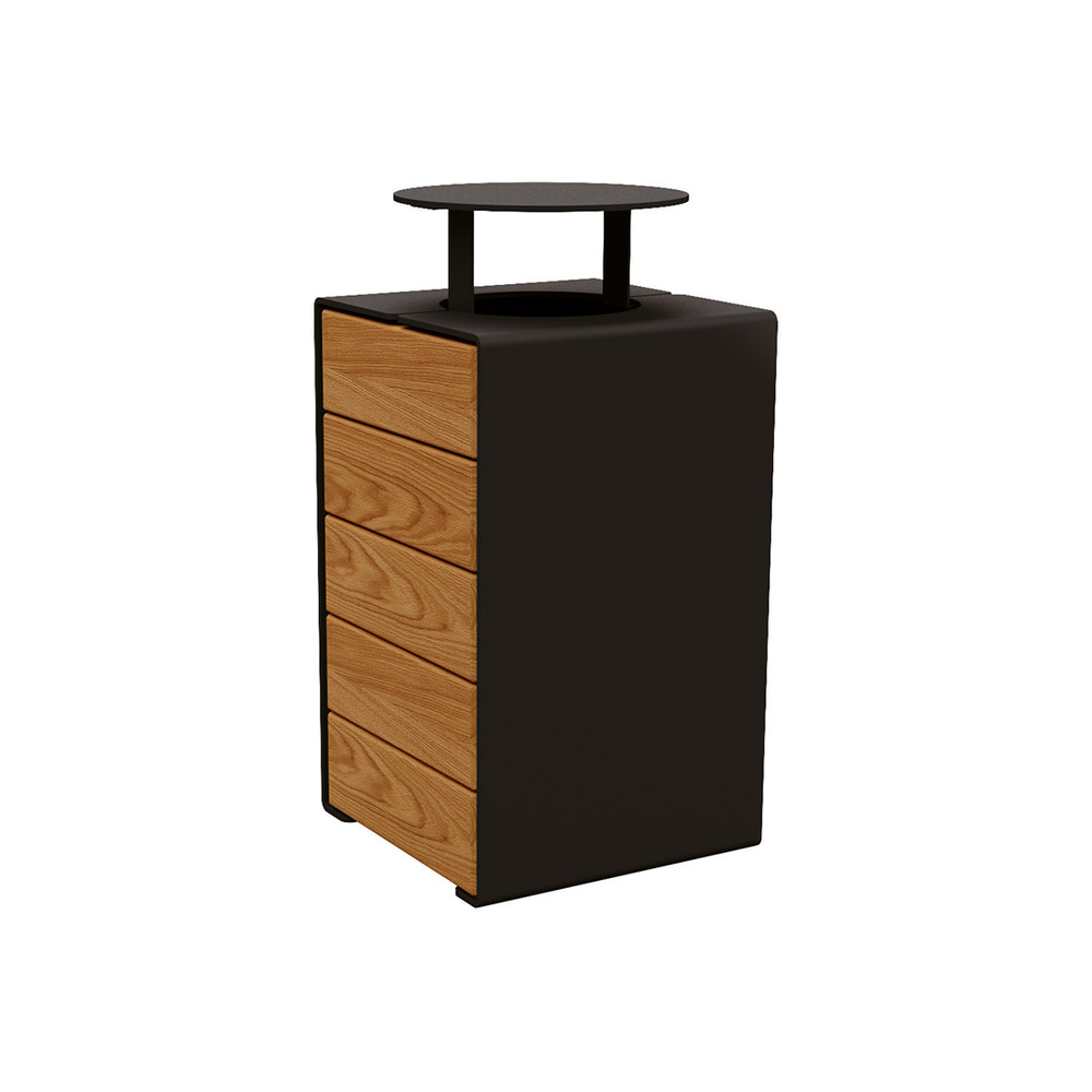 Corbeille KUB acier et bois RAL9005 - lasuré chêne clair - Version couvercle - PROCITY - 306488.9005.CHEC