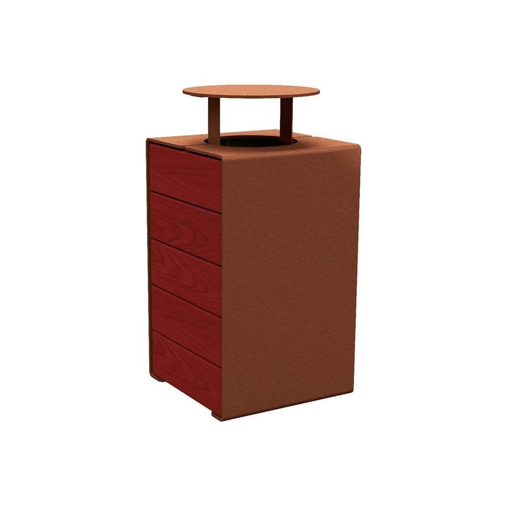 Corbeille KUB acier et bois Aspect Corten - lasuré acajou - Version couvercle - PROCITY - 306488.S025.ACAJ